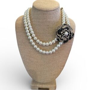 DreJew Faux Pearl Necklace with Black Floral Accent